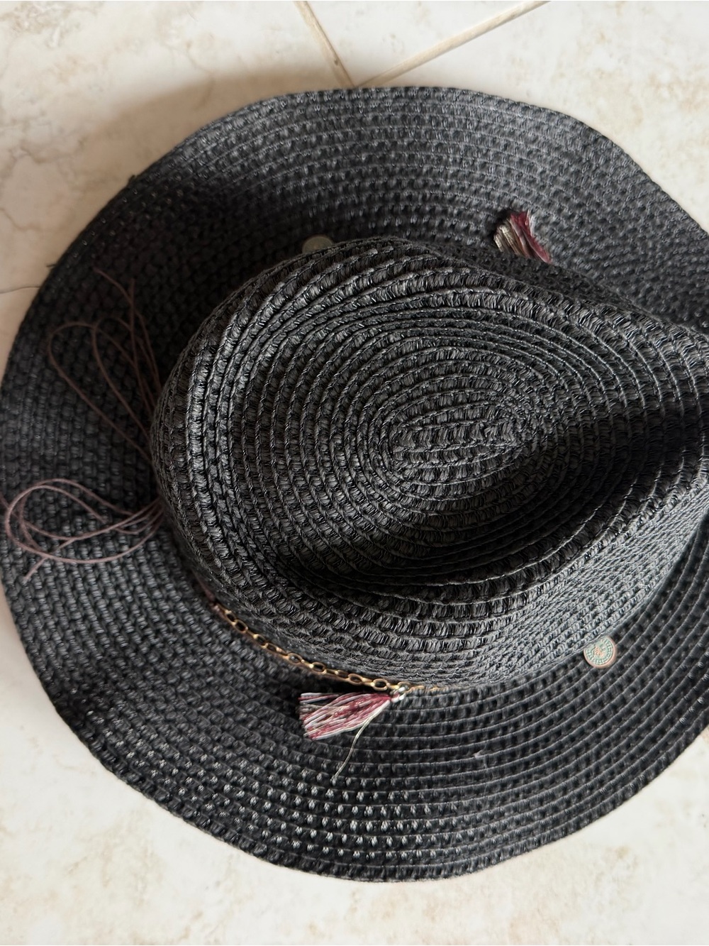 Black Wide-Brim Straw Sun Hat with Tassel Accent